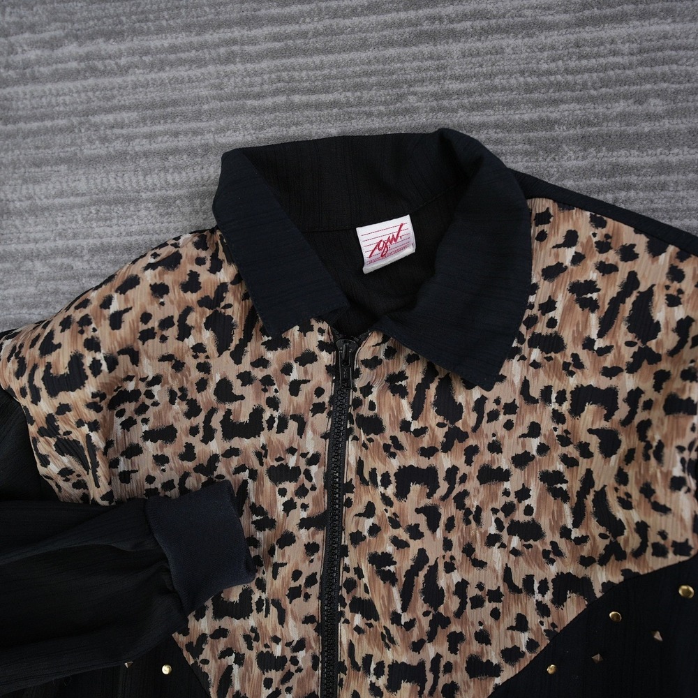 Vintage GW Division of Graff‎ Leopard Print Studded Zip Up Jacket Black Medium